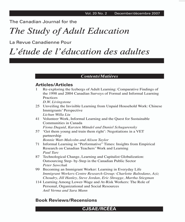 					Afficher Vol. 20 No. 2 (2007): Special Issue on Work and Lifelong Learning
				