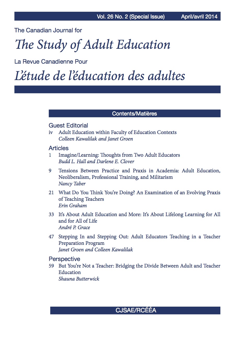 CJSAE/RCÉÉA Volume 26 Issue 2 (Special Issue